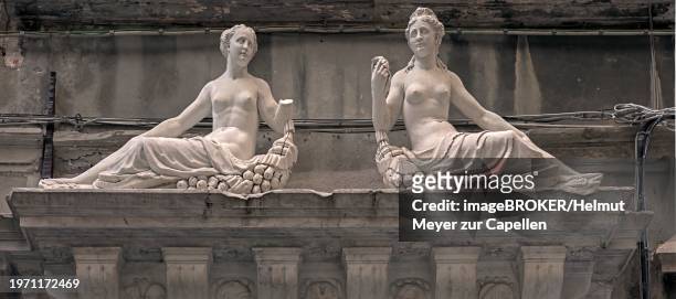 female sculptures above the entrance portal of the former palazzo di vincenzo or palazzo cicala, built in 1542, piazza dell'agnello, genoa, italy, europe - cicala 個照片及圖片檔