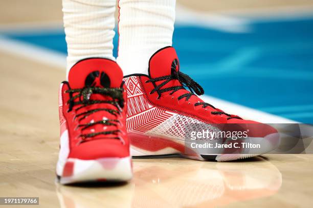 Detail of the shoes worn by Jeff Green of the Houston Rockets during the first quarter of the game against the Charlotte Hornets at Spectrum Center...