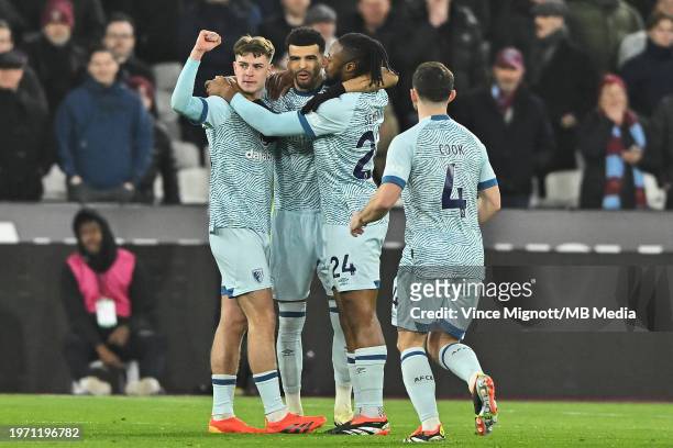 Dominic Solanke of Bournemouth celebrates his goal with team mates during the Premier League match between West Ham United and AFC Bournemouth at...