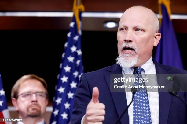 Rep. Chip Roy speaks during a news conference at the U.S. Capitol Building on January 29, 2024 in Washington, DC. House Republican Conference Chair...