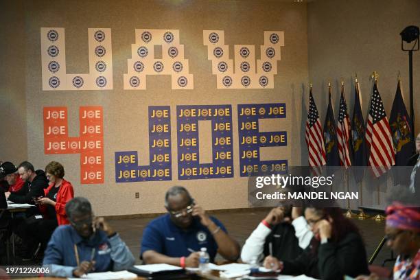 Members of the United Auto Workers train at the UAW National Training Center, in Warren, Michigan, on February 1, 2024. US President Joe Biden is in...