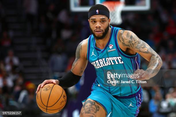 Miles Bridges of the Charlotte Hornets drives to the basket during the second half of the game against the Houston Rockets at Spectrum Center on...