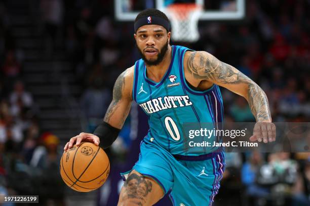 Miles Bridges of the Charlotte Hornets drives to the basket during the second half of the game against the Houston Rockets at Spectrum Center on...