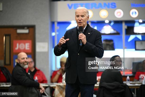 President Joe Biden speaks to members of the United Auto Workers at the UAW National Training Center, in Warren, Michigan, on February 1, 2024. US...