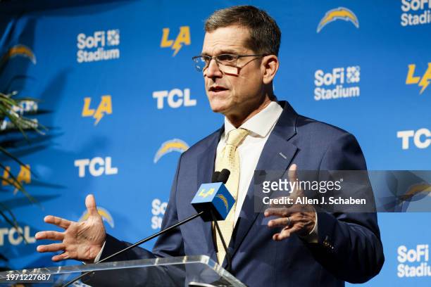 New Los Angeles Chargers Head Coach Jim Harbaugh speaks during his introductory press conference for at YouTube Theater in Inglewood Thursday, Feb....