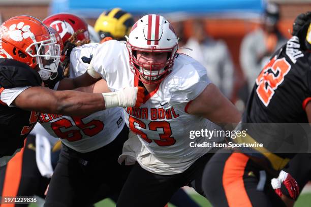 National offensive lineman Tanor Bortolini of Wisconsin during the National team practice for the Reese's Senior Bowl on February 31, 2024 at Hancock...