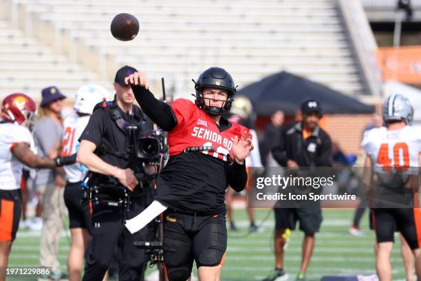 National quarterback Bo Nix of Oregon during the National team practice for the Reese's Senior Bowl on February 31, 2024 at Hancock Whitney Stadium...