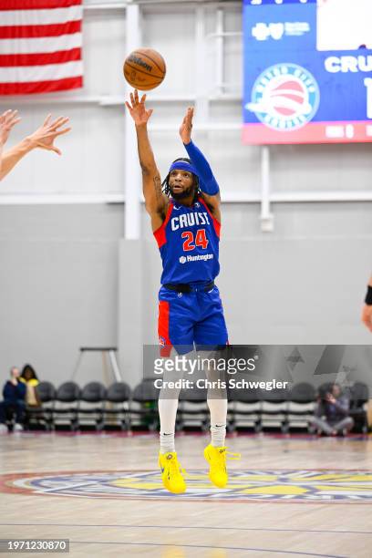 Zavier Simpson of the Motor City Cruise shoots the ball during the first quarter of the game against the Indiana Mad Ants on February 1, 2024 at...