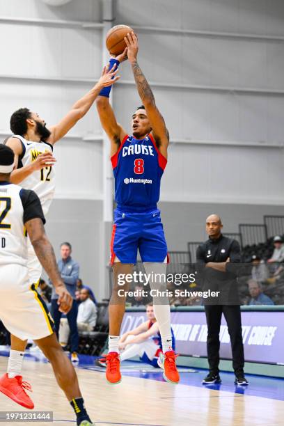 Jared Rhoden of the Motor City Cruise shoots the ball during the second quarter of the game against the Indiana Mad Ants on February 1, 2024 at Wayne...