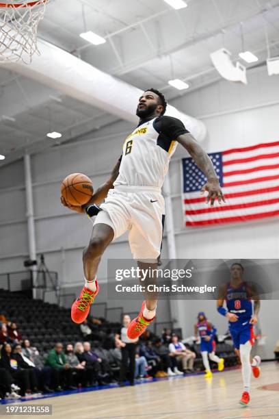 Jordan Bell of the Indiana Mad Ants dunks the ball during the third quarter of the game against the Motor City Cruise on February 1, 2024 at Wayne...