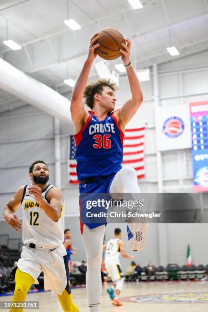 Jayce Johnson of the Motor City Cruise recovers a rebound during the third quarter of the game against the Indiana Mad Ants on February 1, 2024 at...