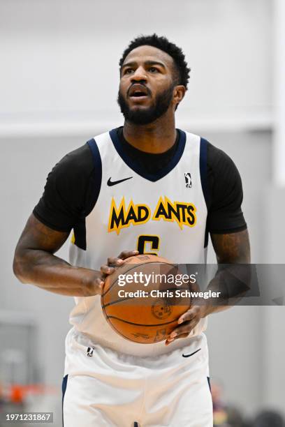 Jordan Bell of the Indiana Mad Ants shoots a free throw during the third quarter of the game against the Motor City Cruise on February 1, 2024 at...