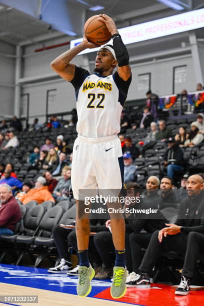 Craig Sword of the Indiana Mad Ants shoots a three point during the fourth quarter of the game against the Motor City Cruise on February 1, 2024 at...