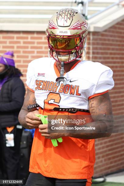 American tight end Jaheim Bell of Florida State during the American team practice for the Reese's Senior Bowl on February 31, 2024 at Hancock Whitney...