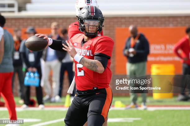 American quarterback Spencer Rattler of South Carolina during the American team practice for the Reese's Senior Bowl on February 31, 2024 at Hancock...