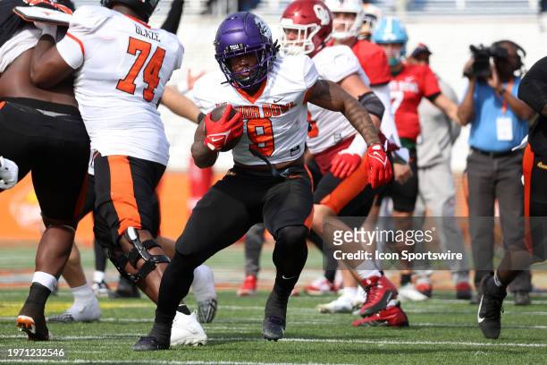 American running back Emani Bailey of TCU during the American team practice for the Reese's Senior Bowl on February 31, 2024 at Hancock Whitney...