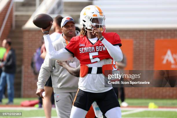 American quarterback Joe Milton III of Tennessee during the American team practice for the Reese's Senior Bowl on February 31, 2024 at Hancock...