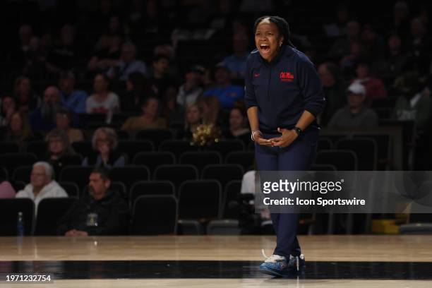 Ole Miss Rebels head coach Yolett McPhee-McCuin yells to her team from the sideline during a game between the Vanderbilt Commodores and Ole Miss...