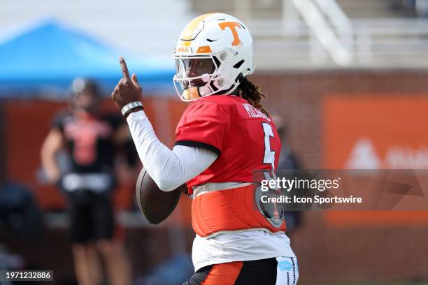 American quarterback Joe Milton III of Tennessee during the American team practice for the Reese's Senior Bowl on February 31, 2024 at Hancock...