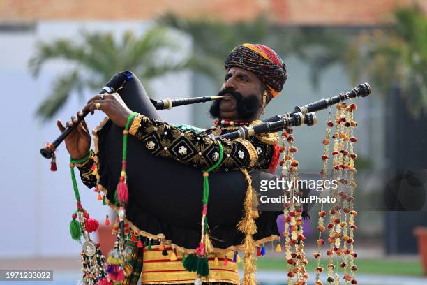 Folk artist is performing during the Jaipur Literature Festival 2024 in Jaipur, Rajasthan, India, on February 1, 2024.