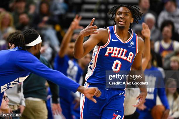 Tyrese Maxey of the Philadelphia 76ers celebrates a three-point shot during the first half against the Utah Jazz at Delta Center on February 01, 2024...