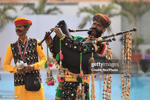 Folk artists are performing during the Jaipur Literature Festival 2024 in Jaipur, Rajasthan, India, on February 1, 2024.