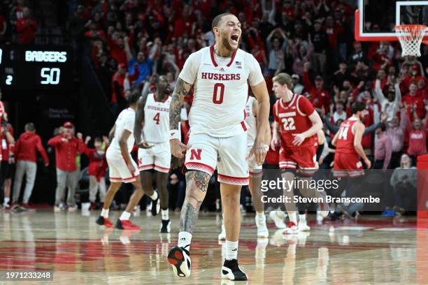 Wilcher of the Nebraska Cornhuskers reacts after making a three-point shot against the Wisconsin Badgers in the second half at Pinnacle Bank Arena on...