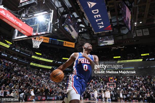 Tyrese Maxey of the Philadelphia 76ers celebrates after the game against the Utah Jazz on February 1, 2024 at Delta Center in Salt Lake City, Utah....