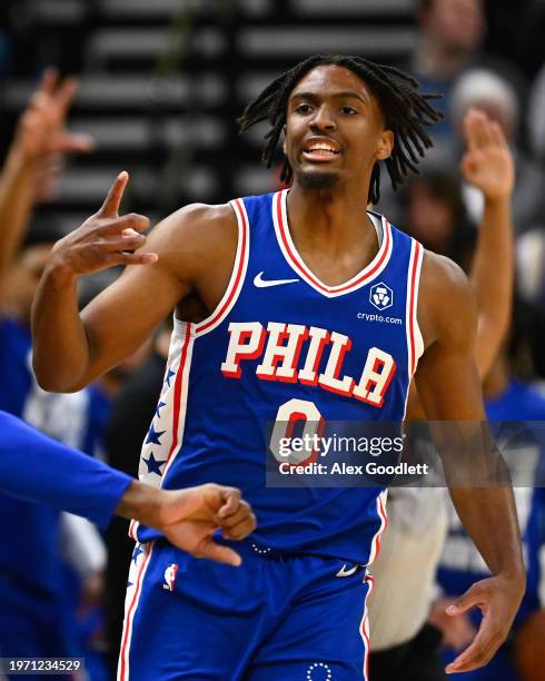 Tyrese Maxey of the Philadelphia 76ers celebrates a three-point shot during the first half against the Utah Jazz at Delta Center on February 01, 2024...