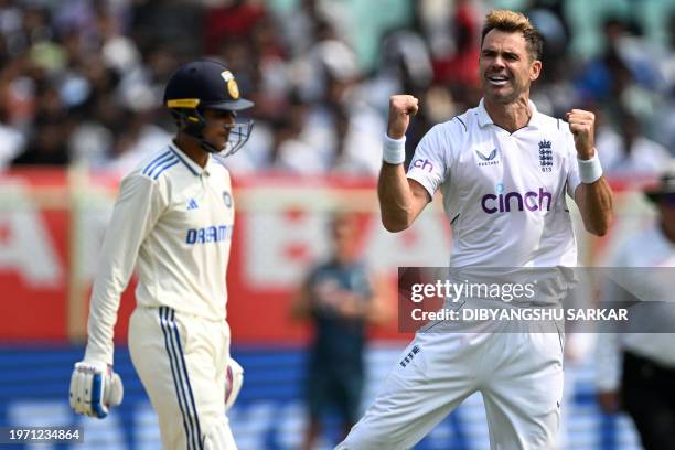 England's James Anderson celebrates after the dismissal of India's Shubman Gill during the first day of the second Test cricket match between India...