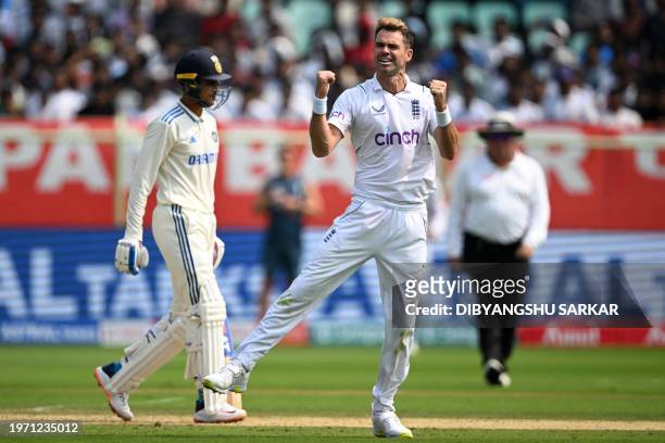 England's James Anderson celebrate after the dismissal of India's Shubman Gill during the first day of the second Test cricket match between India...