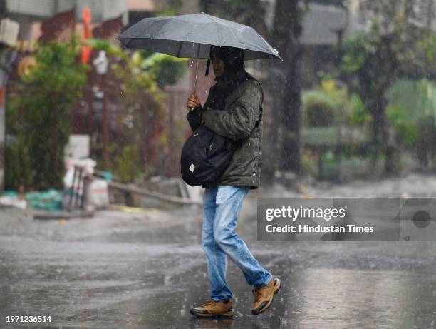 Commuters during light rain in winter, rain increased the severe cold in North India, on February 1, 2024 in Noida, India.