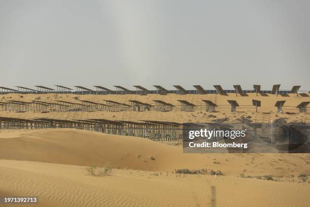 Solar panels at Elion Resources Group Ltd.'s Hangjin Banner solar project in Kubuqi Desert in Ordos, Inner Mongolia, China, on Wednesday, May 31,...