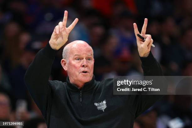 Charlotte Hornets head coach Steve Clifford reacts during the first half of the game against the New York Knicks at Spectrum Center on January 29,...