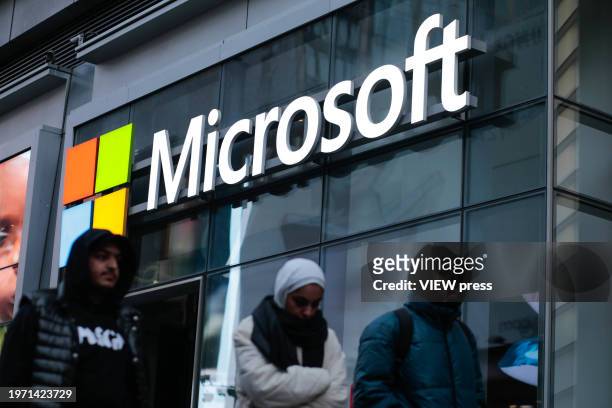 Exterior view of the Microsoft Times Square building on January 29, 2023 in New York City. Microsoft reports their fiscal Q2 24 financial results...