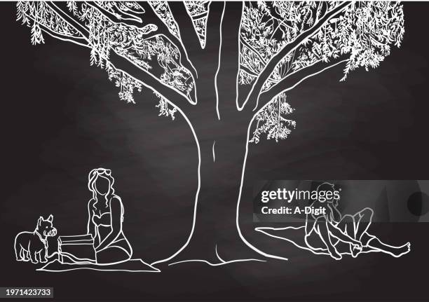 summer tree and visitors blackboard - sunbathing park stock illustrations