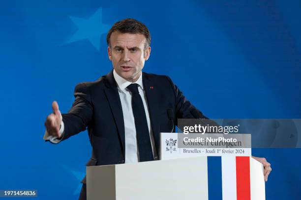 Emmanuel Macron President of the Republic of France at a press conference after the end of the Special European Council Summit, the EU leaders...