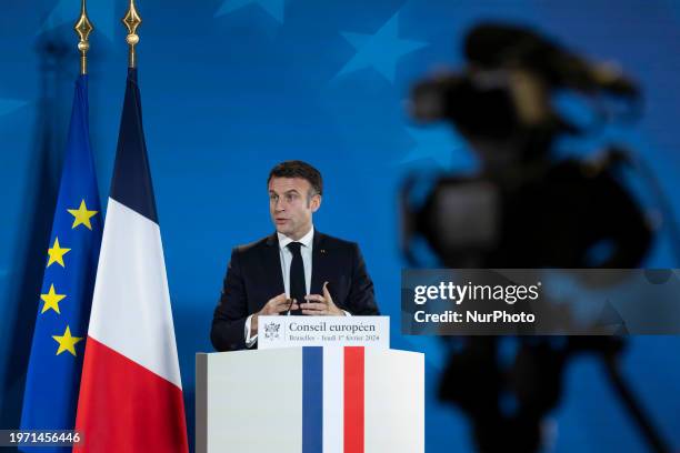 Emmanuel Macron President of the Republic of France at a press conference after the end of the Special European Council Summit, the EU leaders...