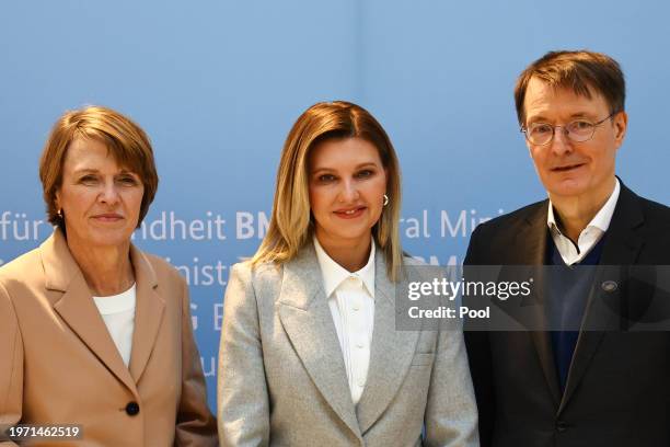 German first lady Elke Buedenbender, Ukrainian first lady Olena Zelenska, German Health Minister Karl Lauterbach pose for photo prior to the...