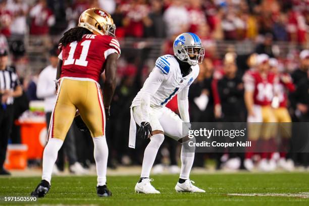 Cameron Sutton of the Detroit Lions defends in coverage during the NFC Championship NFL football game against the San Francisco 49ers at Levi's...