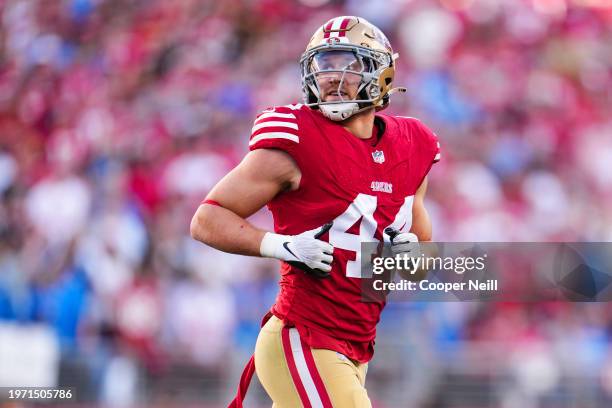 Kyle Juszczyk of the San Francisco 49ers looks on from the field during the NFC Championship NFL football game against the Detroit Lions at Levi's...