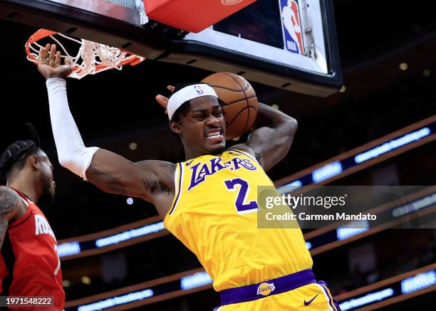 Jarred Vanderbilt of the Los Angeles Lakers dunks the ball against the Houston Rockets during the first half at Toyota Center on January 29, 2024 in...