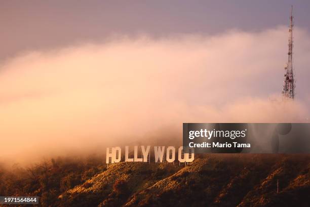The Hollywood sign is viewed during a clearing storm on January 22, 2024 in Los Angeles, California.