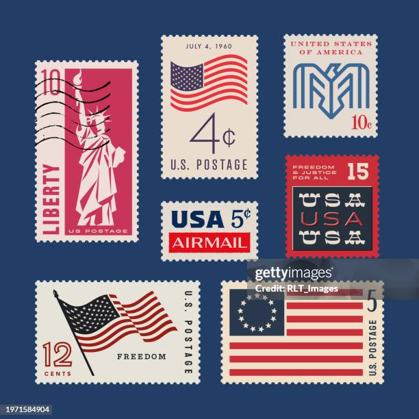 retro usa briefmarkensammlung - luftpost stock-grafiken, -clipart, -cartoons und -symbole