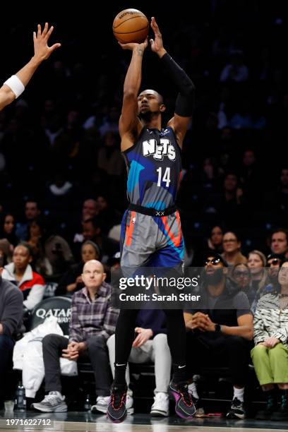 Harry Giles III of the Brooklyn Nets shoots the ball during the second half against the Utah Jazz at Barclays Center on January 29, 2024 in the...