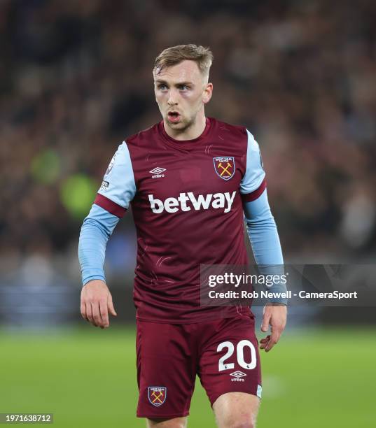 West Ham United's Jarrod Bowen during the Premier League match between West Ham United and AFC Bournemouth at London Stadium on February 1, 2024 in...