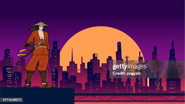 vector anime samurai in a cyberpunk city setting vector illustration - east asia stock illustrations