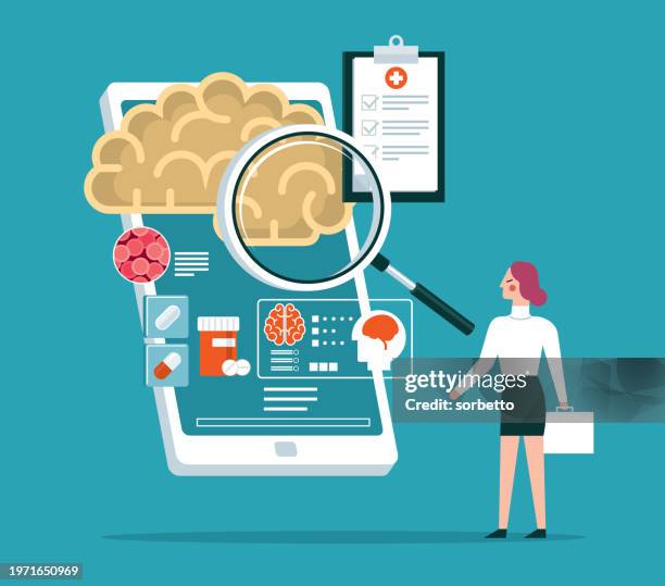 brain - analyzing - businesswoman - brain scans stock illustrations