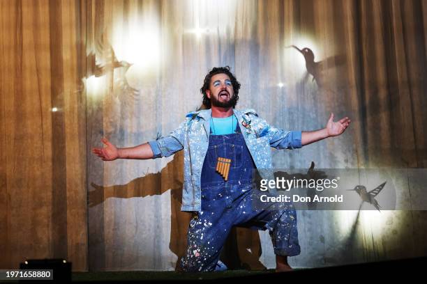 Ben Mingay plays the role of Papageno during the final dress rehearsal of "The Magic Flute" at Sydney Opera House on January 30, 2024 in Sydney,...