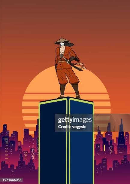 vector anime samurai in a cyberpunk city setting vector illustration - ninja cat stock illustrations